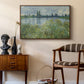 Banks of the Seine, Vétheuil, 1880 by Claude Monet as a walnut floater framed canvas featuring a tranquil riverside scene with houses and vegetation, styled above a mid-century console in a contemporary living area.