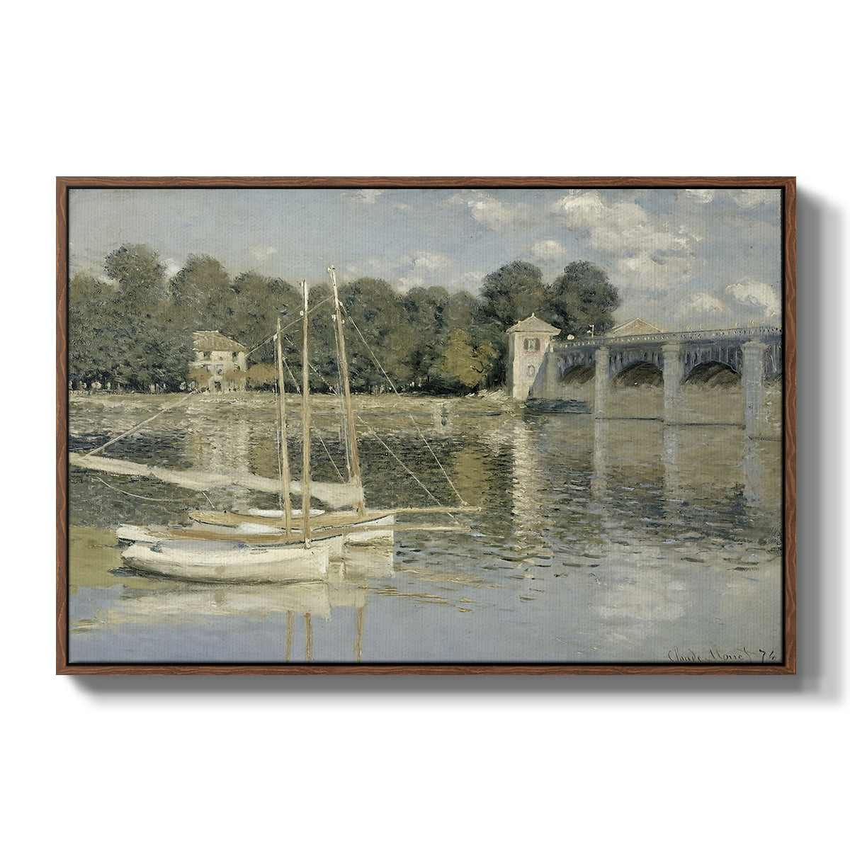 The Bridge at Argenteuil, 1874 by Claude Monet in a walnut floater framed canvas wall art display.