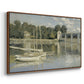 Angled view of The Bridge at Argenteuil, 1874 by Claude Monet in a walnut floater framed canvas.