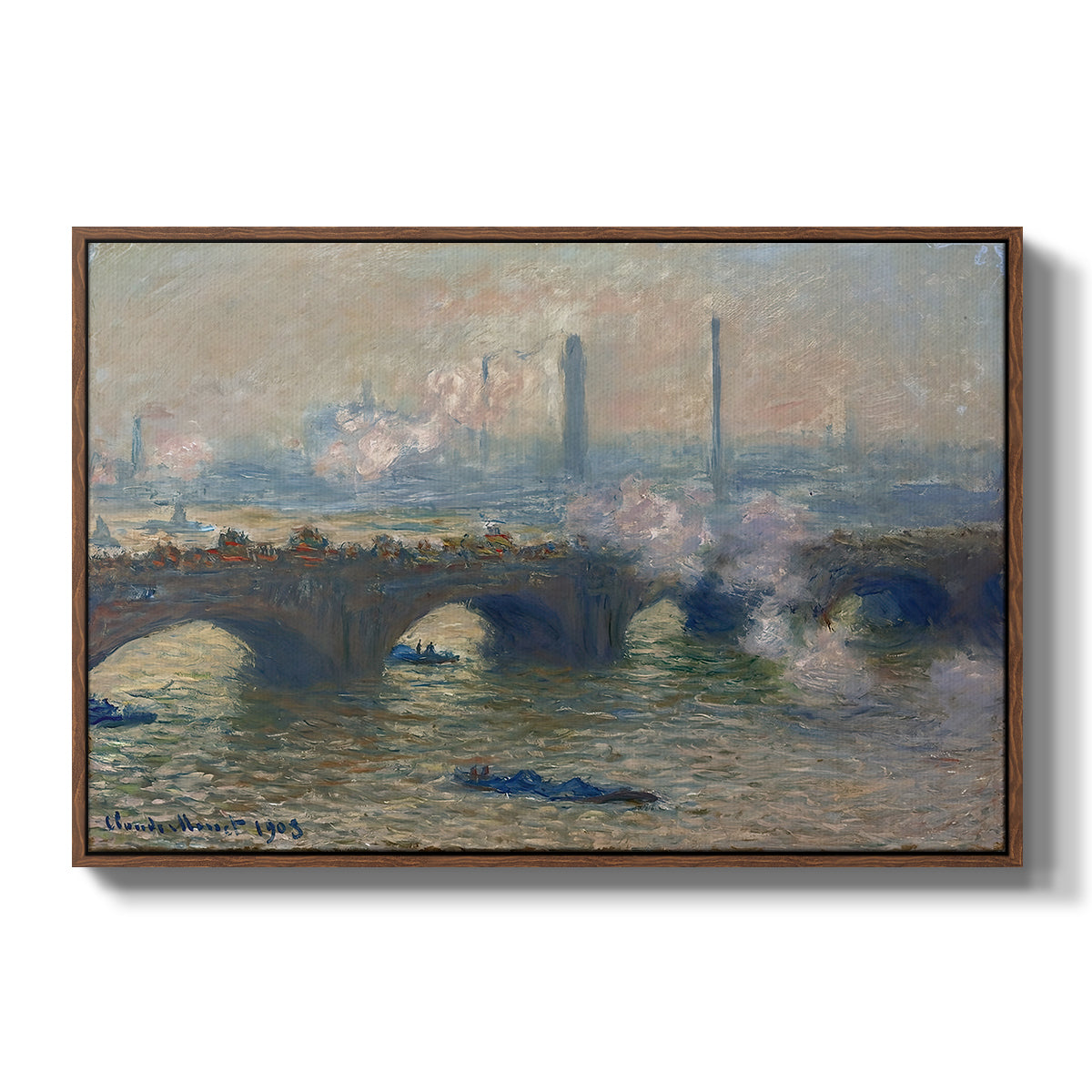Waterloo Bridge, Gray Day, 1903 by Claude Monet in a walnut floater framed canvas wall art display.