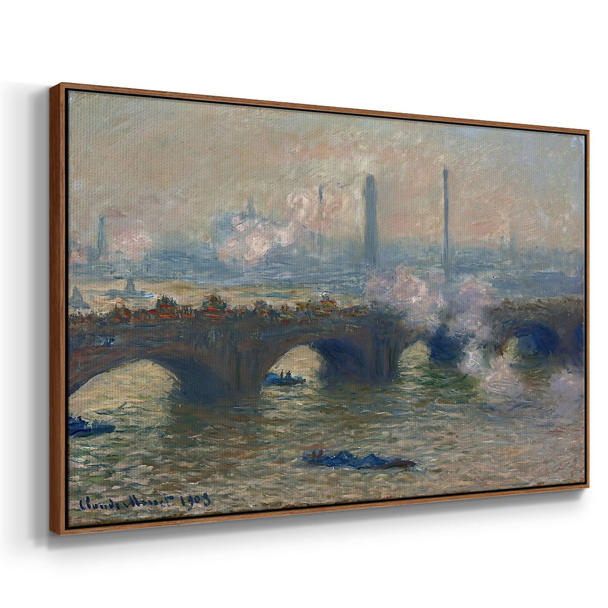 Angled view of Waterloo Bridge, Gray Day, 1903 by Claude Monet in a walnut floater framed canvas.