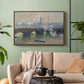 Walnut floater framed canvas featuring a foggy London bridge view with softened architectural forms, displayed above a sofa in a modern living room.