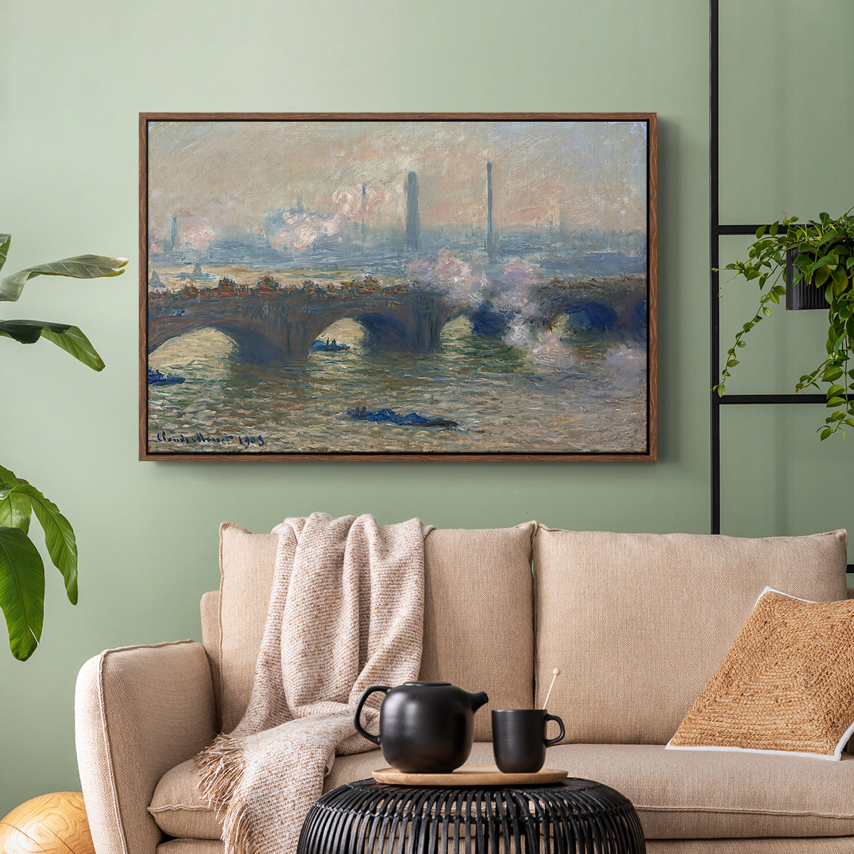Walnut floater framed canvas featuring a foggy London bridge view with softened architectural forms, displayed above a sofa in a modern living room.