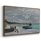 Angled view of The Beach at Sainte-Adresse, 1867 by Claude Monet in a walnut floater framed canvas.