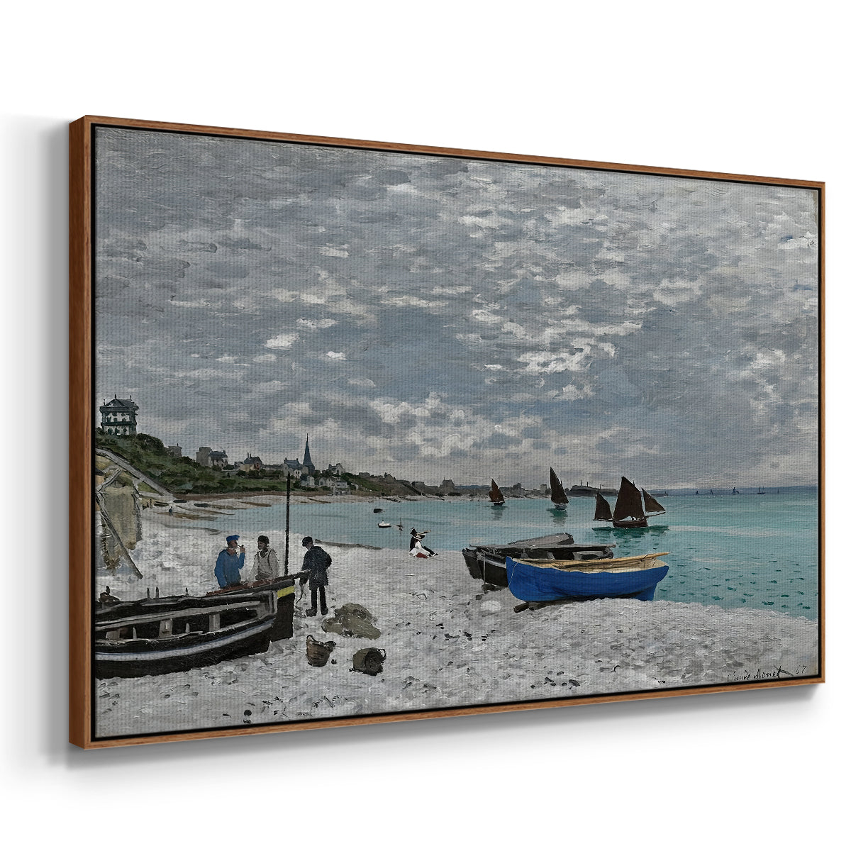 Angled view of The Beach at Sainte-Adresse, 1867 by Claude Monet in a walnut floater framed canvas.