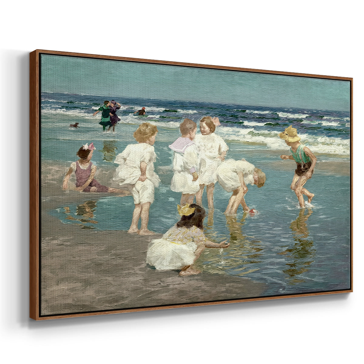 Angled view of A Holiday, c. 1915 by Edward Henry Potthast in a walnut floater framed canvas.