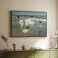 Walnut floater framed canvas of A Holiday, c. 1915 by Edward Henry Potthast, featuring a beach scene with figures bathing and standing in waves under bright sky above a sideboard in a softly lit hallway.
