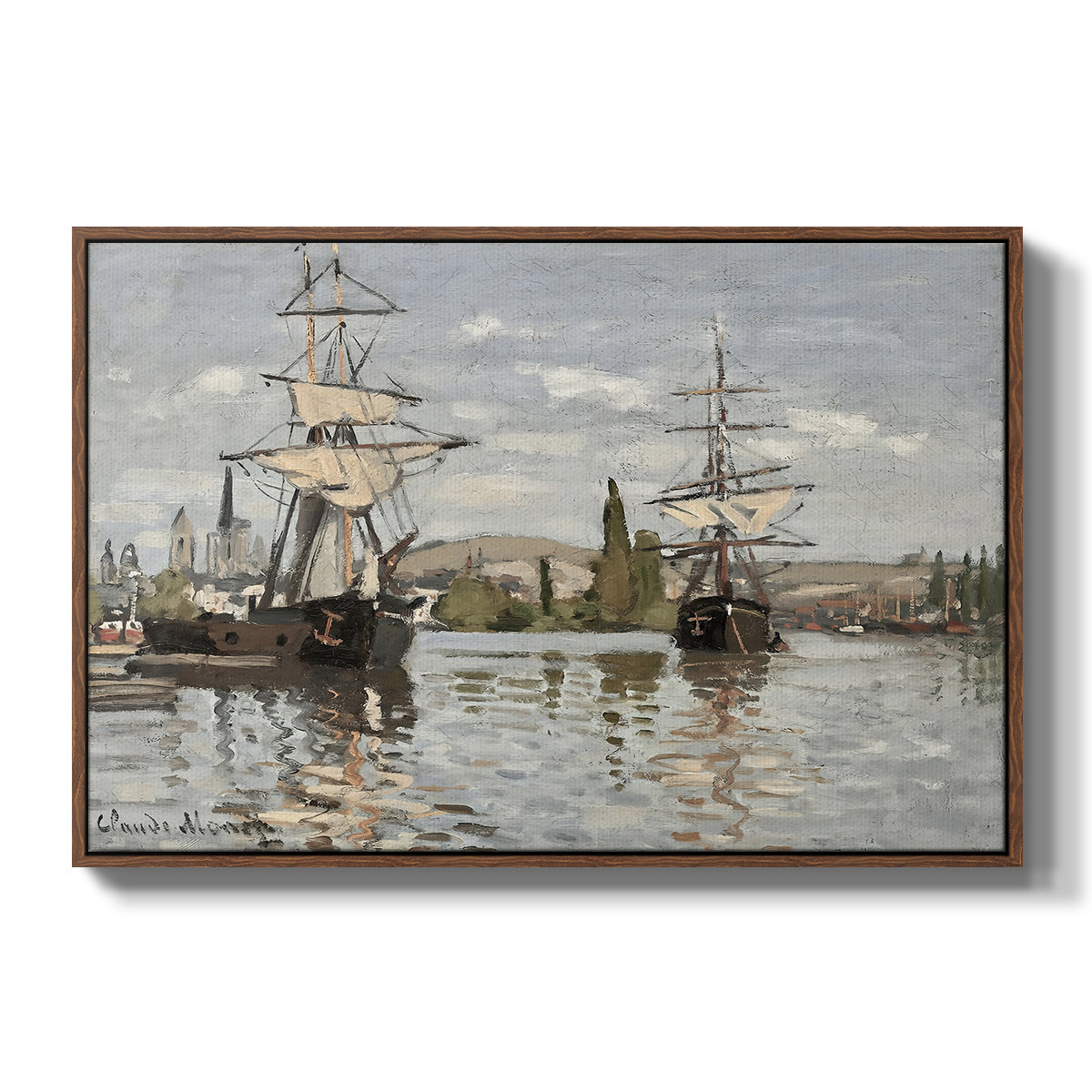 Ships Riding on the Seine at Rouen, 1872 by Claude Monet in a walnut floater framed canvas wall art display.