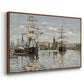 Angled view of Ships Riding on the Seine at Rouen, 1872 by Claude Monet in a walnut floater framed canvas.