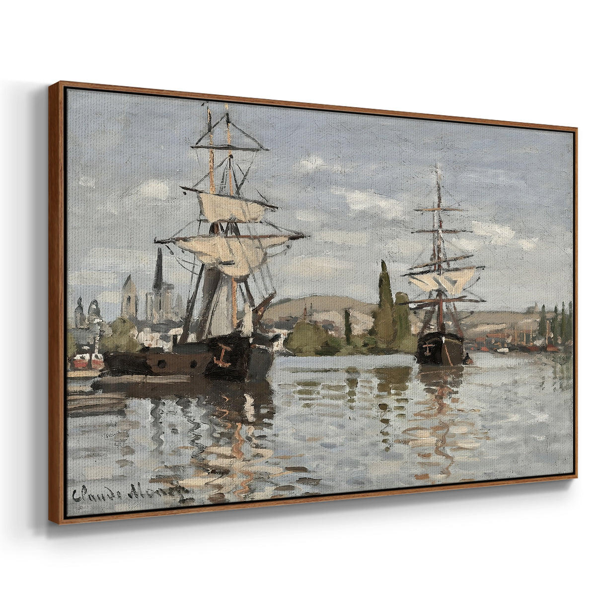 Angled view of Ships Riding on the Seine at Rouen, 1872 by Claude Monet in a walnut floater framed canvas.