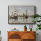 Ships Riding on the Seine at Rouen, 1872 by Claude Monet in a walnut floater framed canvas featuring large ships docked along the Seine with masts rising against soft sky, displayed above a wood console cabinet.