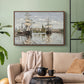 Walnut floater framed canvas featuring a nautical landscape with vessels resting on calm water, displayed above a sofa in a modern living room.
