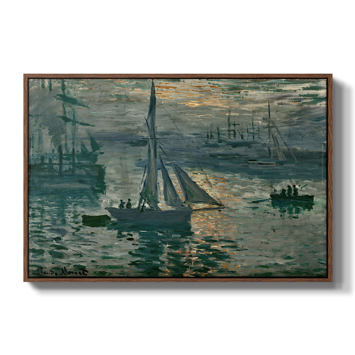 Sunrise (Marine), 1873 by Claude Monet in a walnut floater framed canvas wall art display.