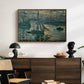 Sunrise (Marine), 1873 by Claude Monet displayed in a walnut floater framed canvas above a dark wood credenza in an entryway.