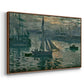 Angled view of Sunrise (Marine), 1873 by Claude Monet in a walnut floater framed canvas.