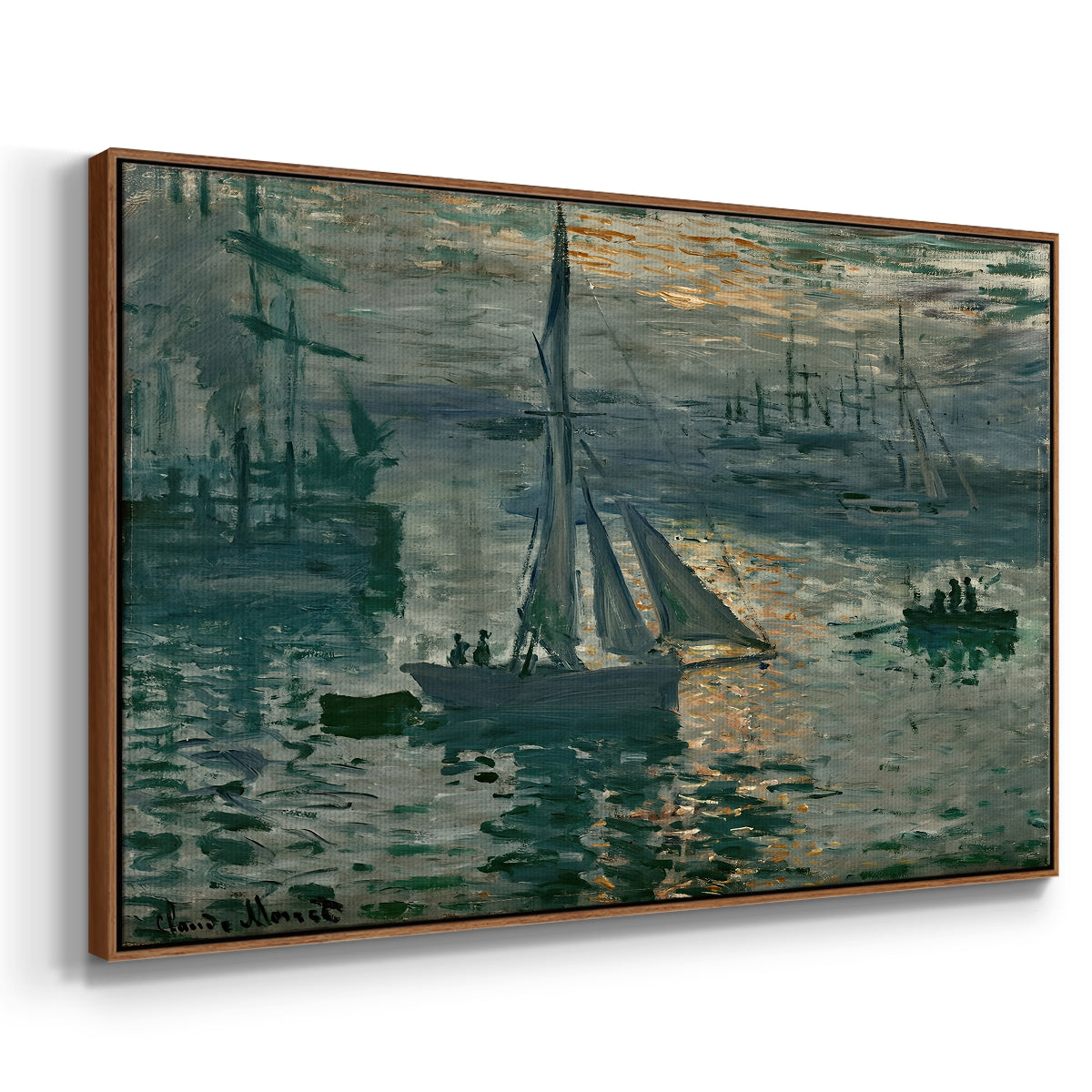 Angled view of Sunrise (Marine), 1873 by Claude Monet in a walnut floater framed canvas.