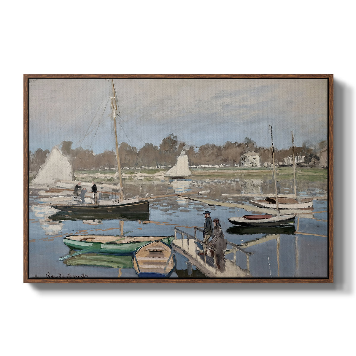 The Basin at Argenteuil, 1874 by Claude Monet in a walnut floater framed canvas wall art display.
