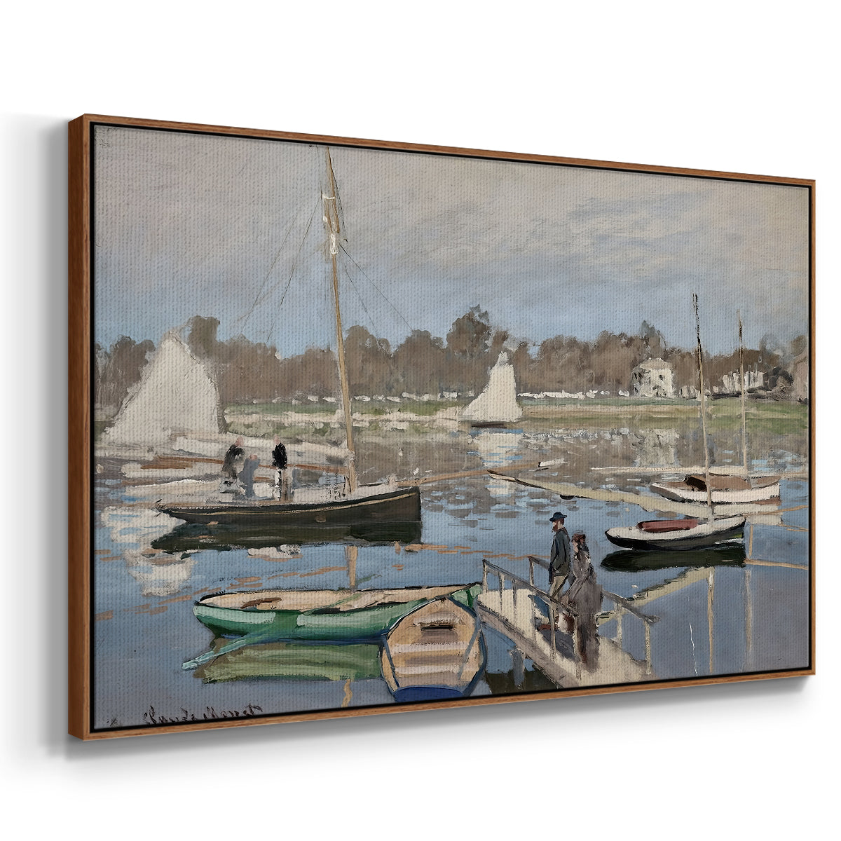 Angled view of The Basin at Argenteuil, 1874 by Claude Monet in a walnut floater framed canvas.