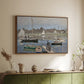 Walnut floater framed canvas of The Basin at Argenteuil, 1874 by Claude Monet, featuring an impressionist boating scene with clustered masts and gentle ripples above a sideboard in a softly lit hallway.