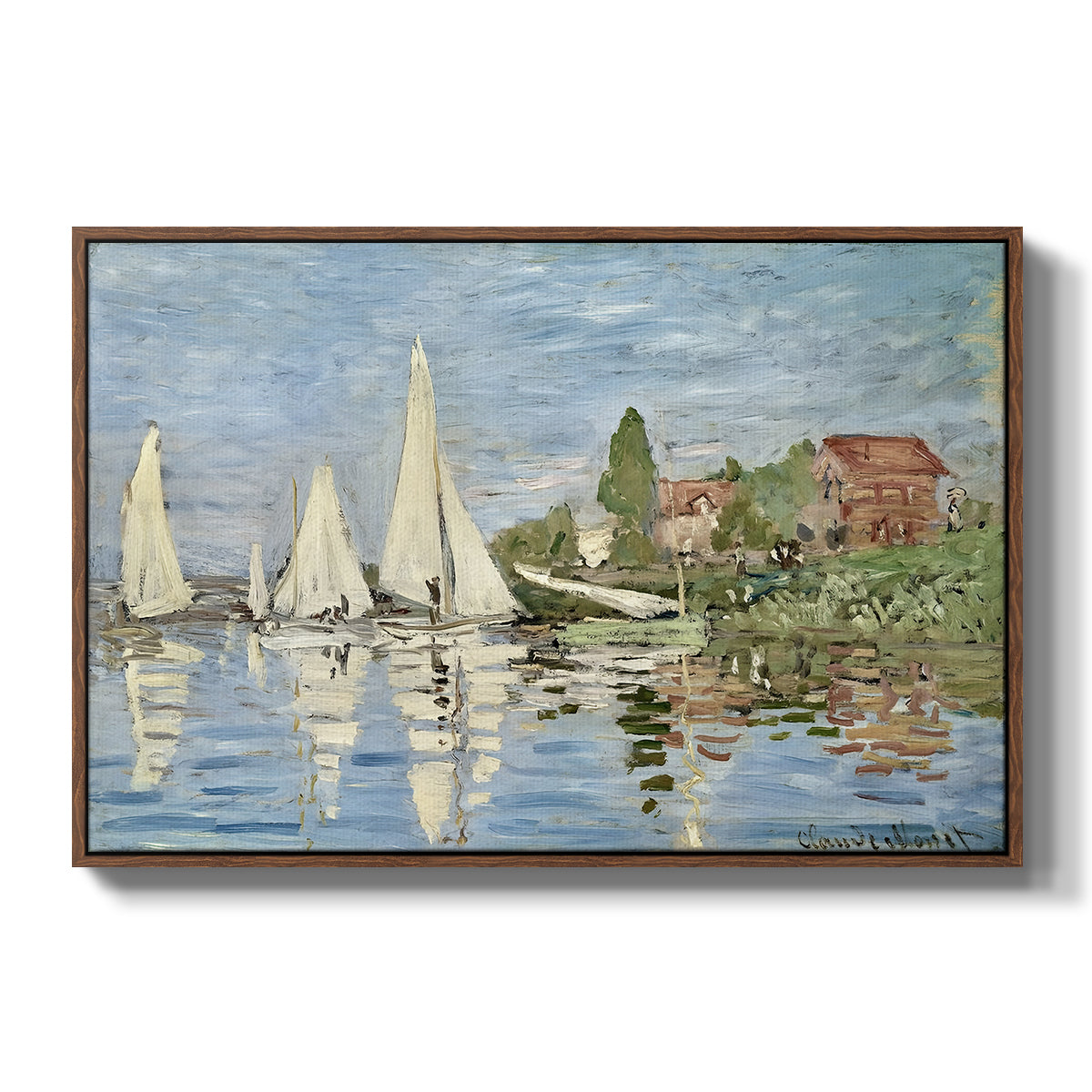 Regatta at Argenteuil, 1872 by Claude Monet in a walnut floater framed canvas wall art display.