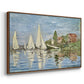 Angled view of Regatta at Argenteuil, 1872 by Claude Monet in a walnut floater framed canvas.