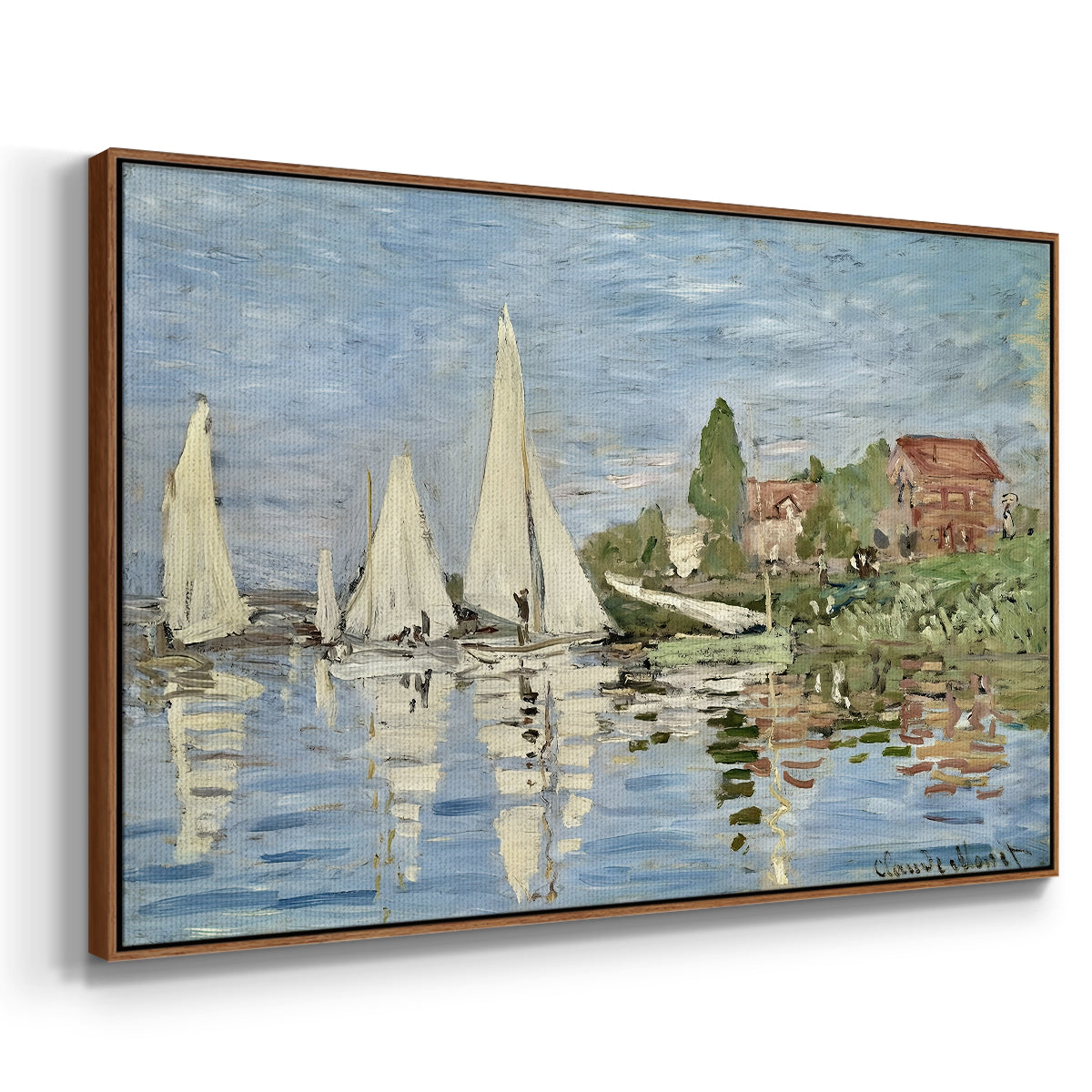 Angled view of Regatta at Argenteuil, 1872 by Claude Monet in a walnut floater framed canvas.
