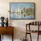 Regatta at Argenteuil, 1872 by Claude Monet as a walnut floater framed canvas featuring an impressionist depiction of sailing competition on water, styled above a mid-century console in a contemporary living area.