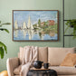 Walnut floater framed canvas featuring a dynamic nautical scene with boats moving across river, displayed above a sofa in a modern living room.
