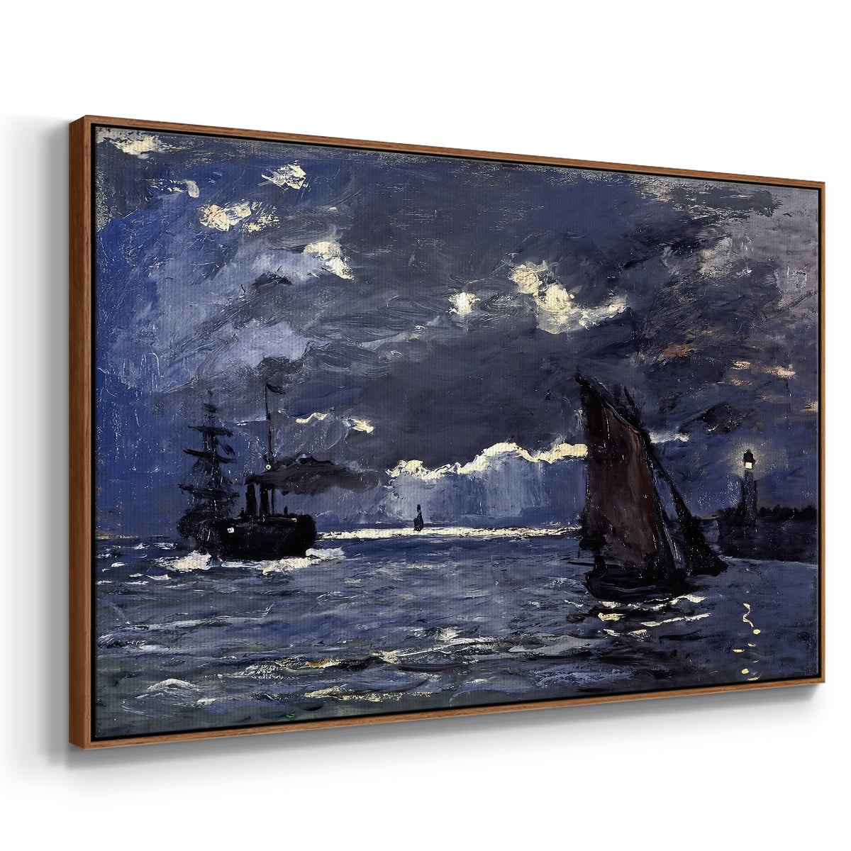 Angled view of A Seascape, Shipping by Moonlight, 1864 by Claude Monet in a walnut floater framed canvas.