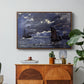 A Seascape, Shipping by Moonlight, 1864 by Claude Monet in a walnut floater framed canvas featuring ships on dark sea illuminated by moonlight under night sky, displayed above a wood console cabinet.