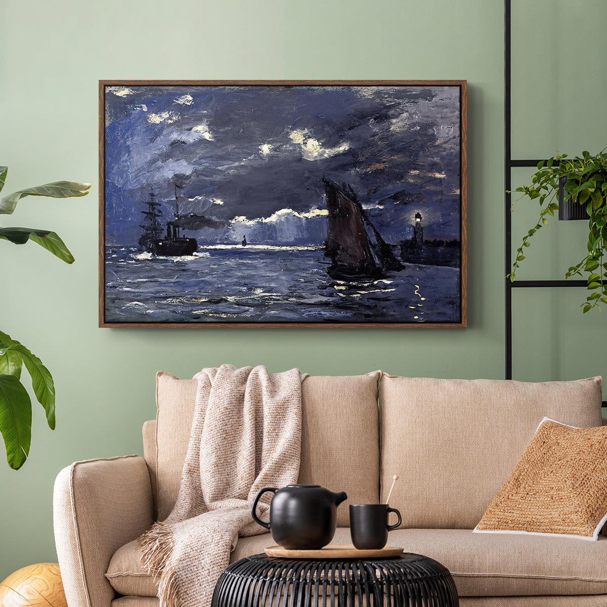Walnut floater framed canvas featuring an atmospheric maritime view with ships in moonlit darkness, displayed above a sofa in a modern living room.