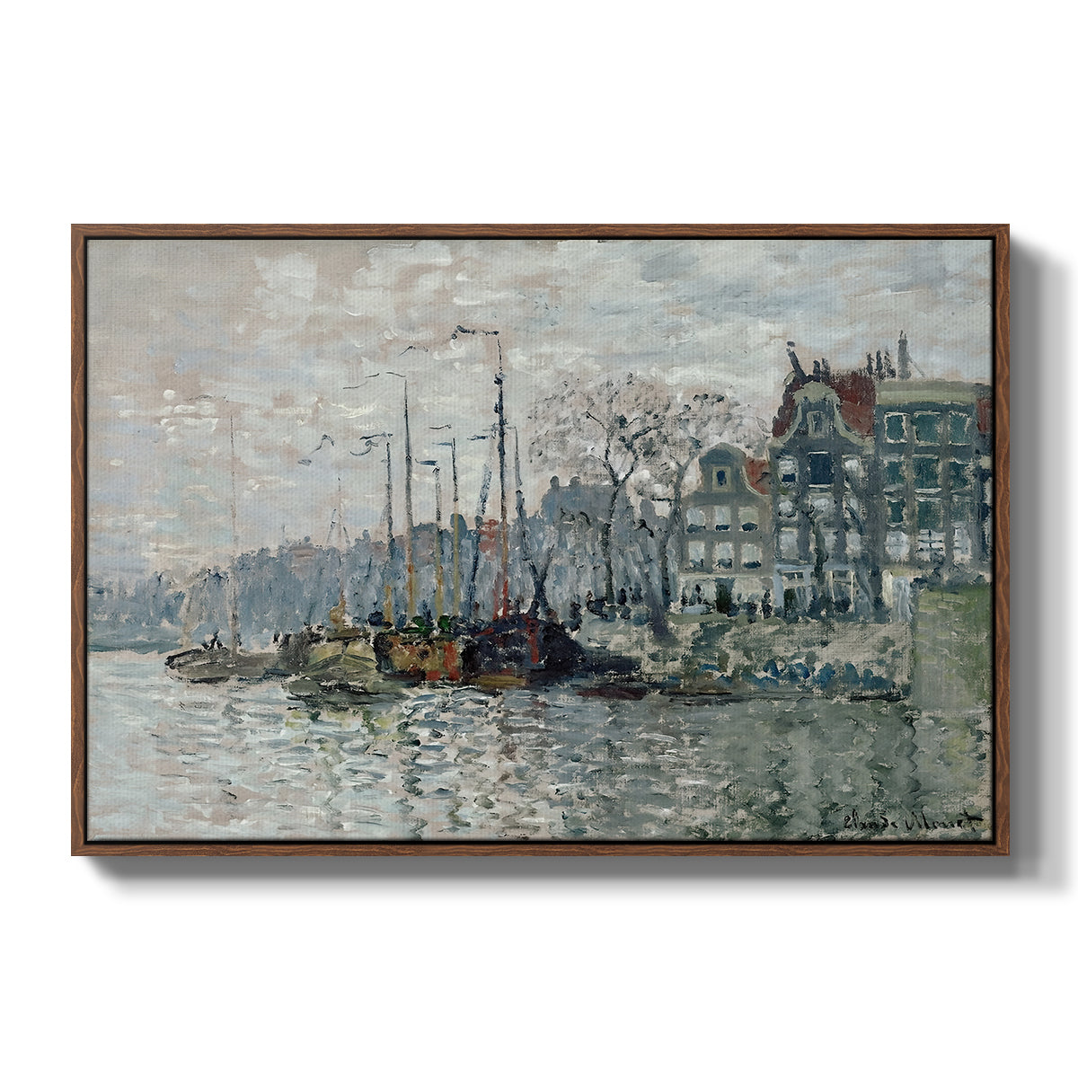 View of the Prins Hendrikkade and Kromme Waal in Amsterdam, 1874 by Claude Monet in a walnut floater framed canvas wall art display.