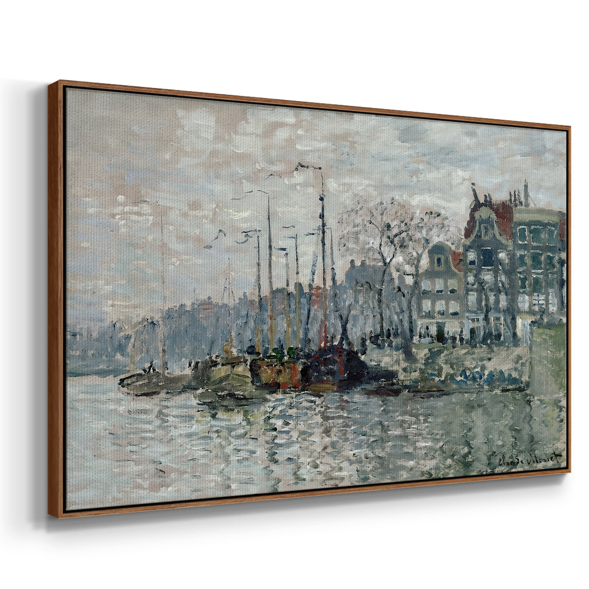 Angled view of View of the Prins Hendrikkade and Kromme Waal in Amsterdam, 1874 by Claude Monet in a walnut floater framed canvas.