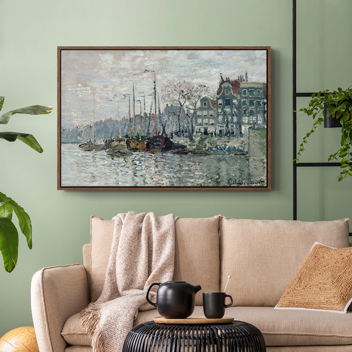 Walnut floater framed canvas featuring a harbor view with masts, houses, and reflections in water, displayed above a sofa in a modern living room.