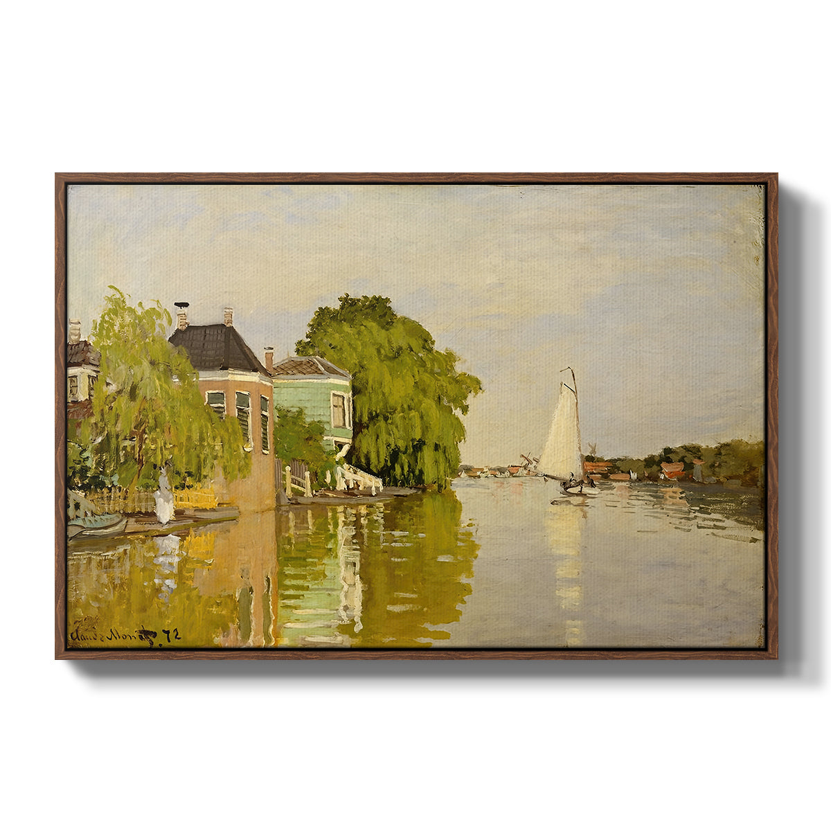 Houses on the Achterzaan, 1871 by Claude Monet in a walnut floater framed canvas wall art display.