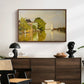Houses on the Achterzaan, 1871 by Claude Monet displayed in a walnut floater framed canvas above a dark wood credenza in an entryway.