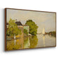 Angled view of Houses on the Achterzaan, 1871 by Claude Monet in a walnut floater framed canvas.
