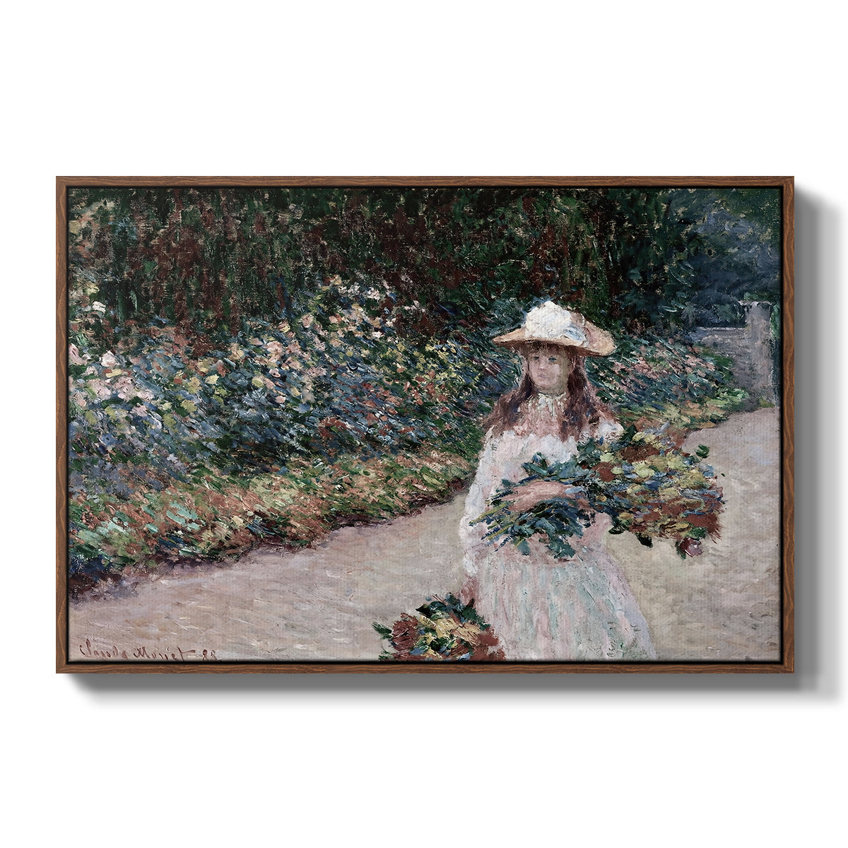 Young Girl in the Garden at Giverny, 1888 by Claude Monet in a walnut floater framed canvas wall art display.