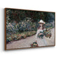 Angled view of Young Girl in the Garden at Giverny, 1888 by Claude Monet in a walnut floater framed canvas.