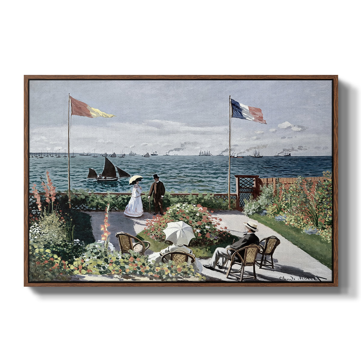 Garden at Sainte-Adresse, 1867 by Claude Monet in a walnut floater framed canvas wall art display.