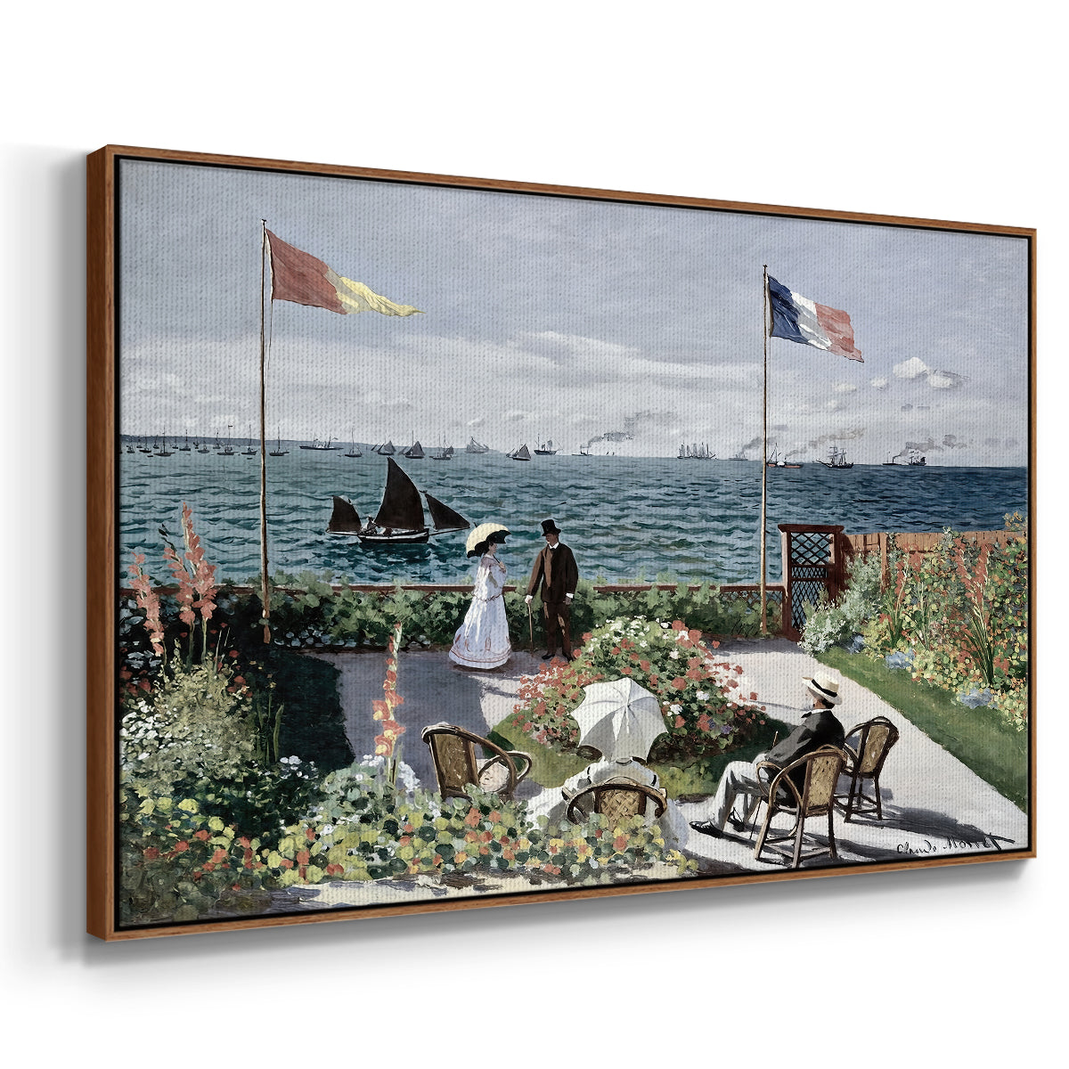 Angled view of Garden at Sainte-Adresse, 1867 by Claude Monet in a walnut floater framed canvas.