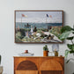 Garden at Sainte-Adresse, 1867 by Claude Monet in a walnut floater framed canvas featuring a seaside garden with flowers, flags, and figures overlooking the water, displayed above a wood console cabinet.