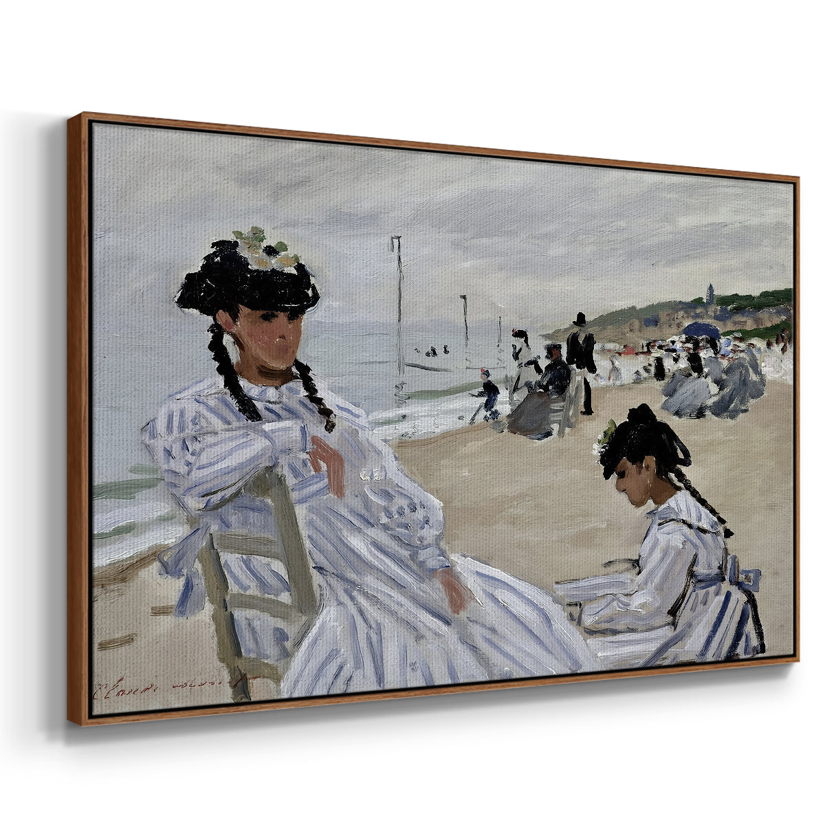 Angled view of On the Beach at Trouville, 1870 by Claude Monet in a walnut floater framed canvas.