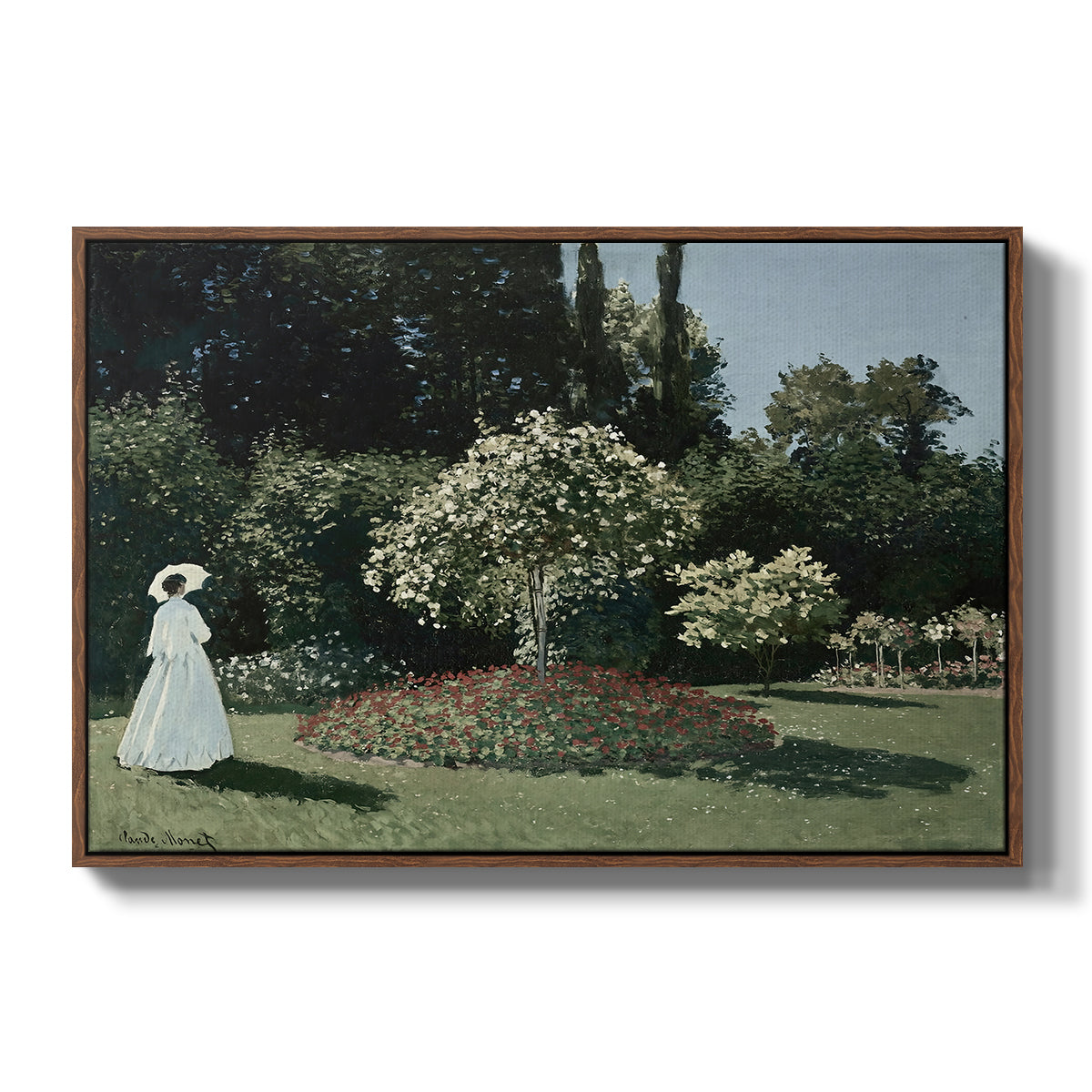Woman in the Garden, Sainte-Adresse, 1867 by Claude Monet in a walnut floater framed canvas wall art display.