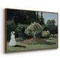 Angled view of Woman in the Garden, Sainte-Adresse, 1867 by Claude Monet in a walnut floater framed canvas.