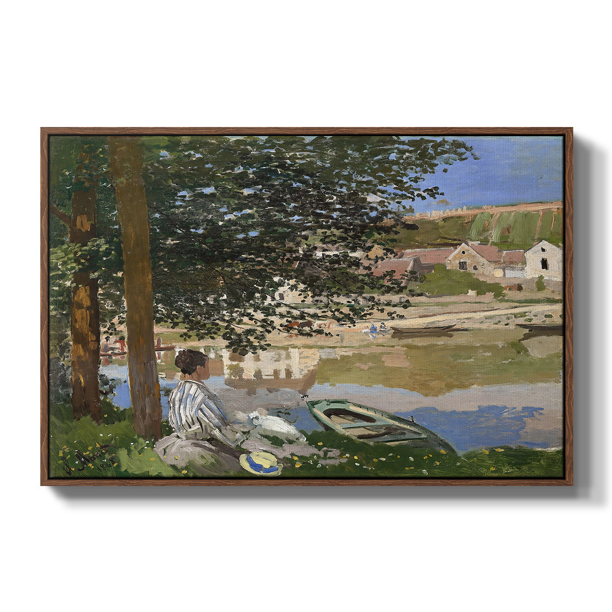 On the Bank of the Seine, Bennecourt, 1868 by Claude Monet in a walnut floater framed canvas wall art display.