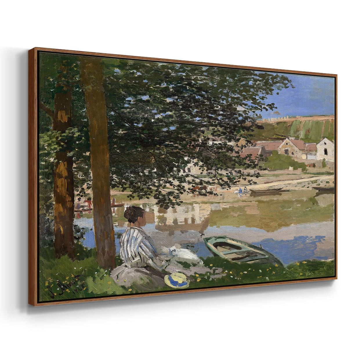 Angled view of On the Bank of the Seine, Bennecourt, 1868 by Claude Monet in a walnut floater framed canvas.