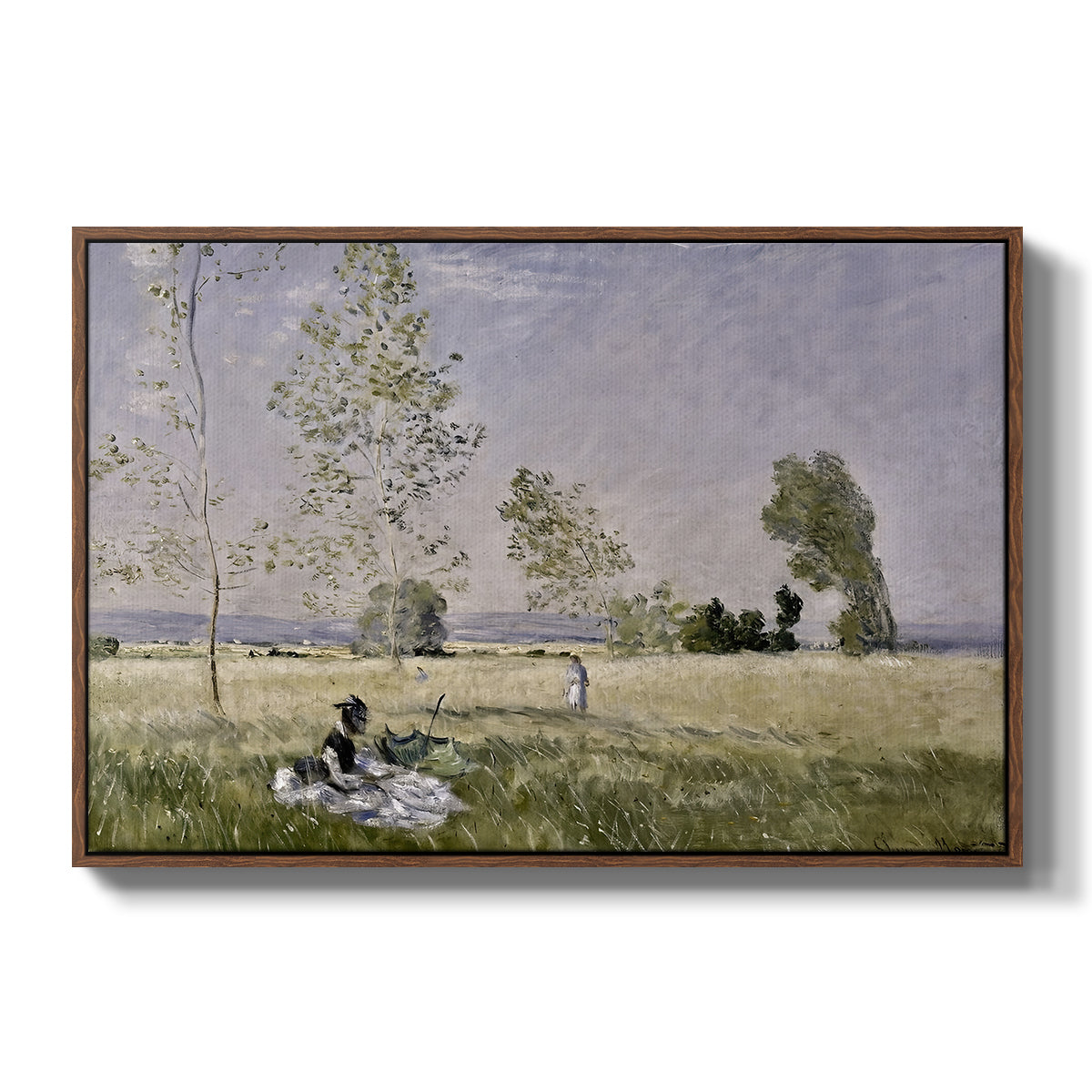 Summer (L'ete), 1874 by Claude Monet in a walnut floater framed canvas wall art display.