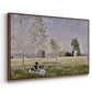 Angled view of Summer (L'ete), 1874 by Claude Monet in a walnut floater framed canvas.