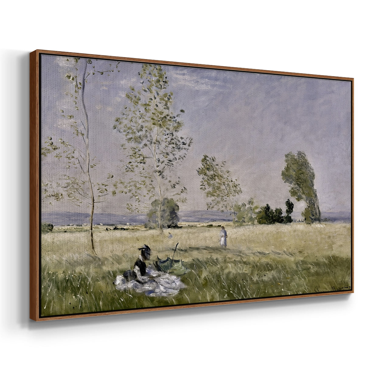 Angled view of Summer (L'ete), 1874 by Claude Monet in a walnut floater framed canvas.